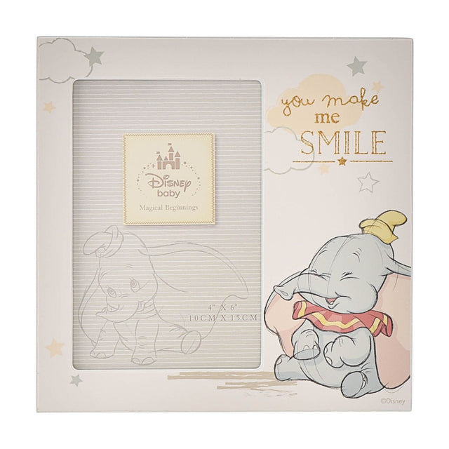 White square photo frame for a 6 x 4in photo, featuring Dumbo smiling in the corner with clouds, stars and "you make me SMILE" in gold lettering.