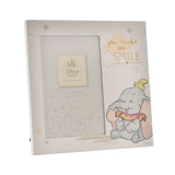 White square photo frame for a 6 x 4in photo, featuring Dumbo smiling with his hat, gold "you make me SMILE" text, clouds and stars on a plain background.