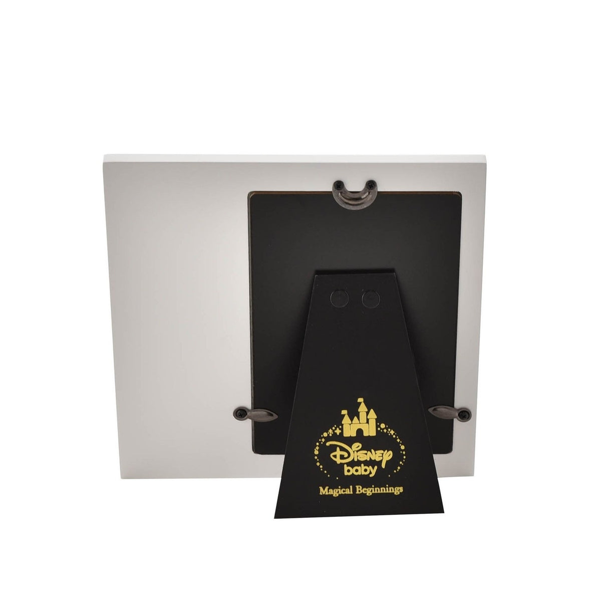 Rear view of the Dumbo You Make Me Smile square 6 x 4in photo frame in white, showing a black easel stand with hanging hooks and a Disney Baby branded tag, set against a plain background.