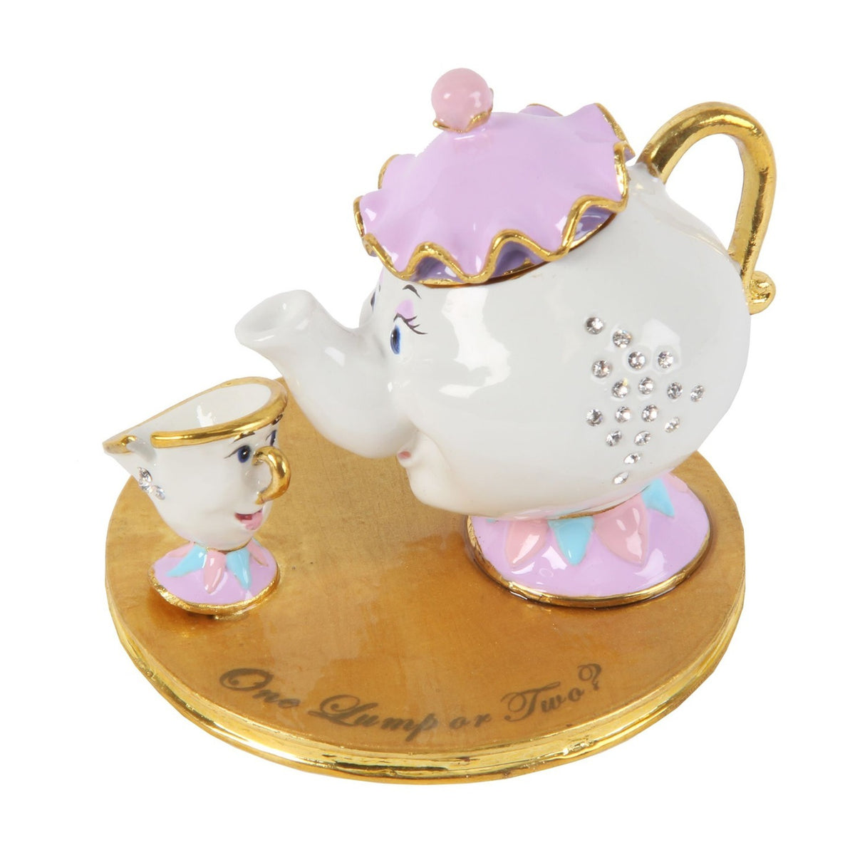 White lilac ruffled-lid teapot trinket box with gold handle and jewels, hinged lid, teacup on gold base reading One Lump or Two, on white background.