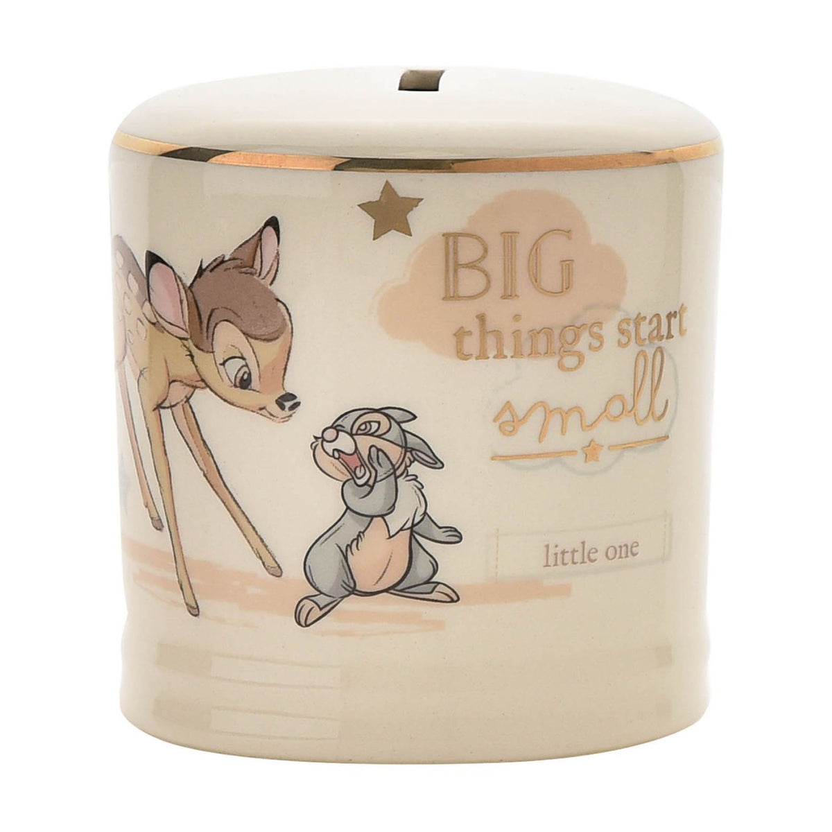 Bambi Round Gloss Ceramic Money Box with Gold Band - White