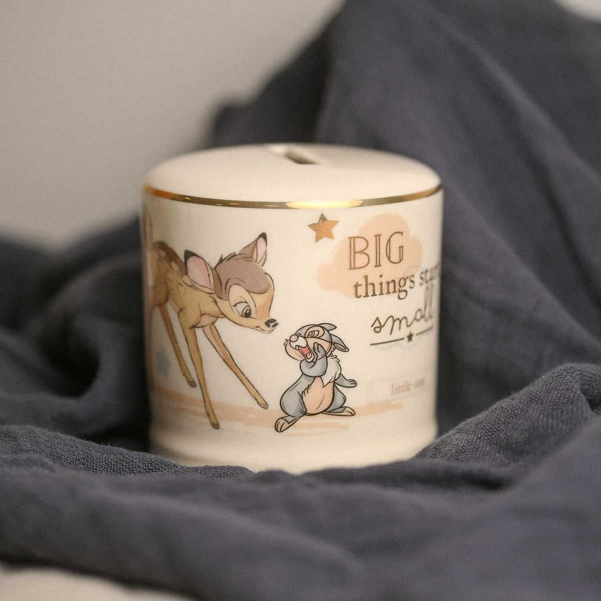 Bambi Round Gloss Ceramic Money Box with Gold Band - White