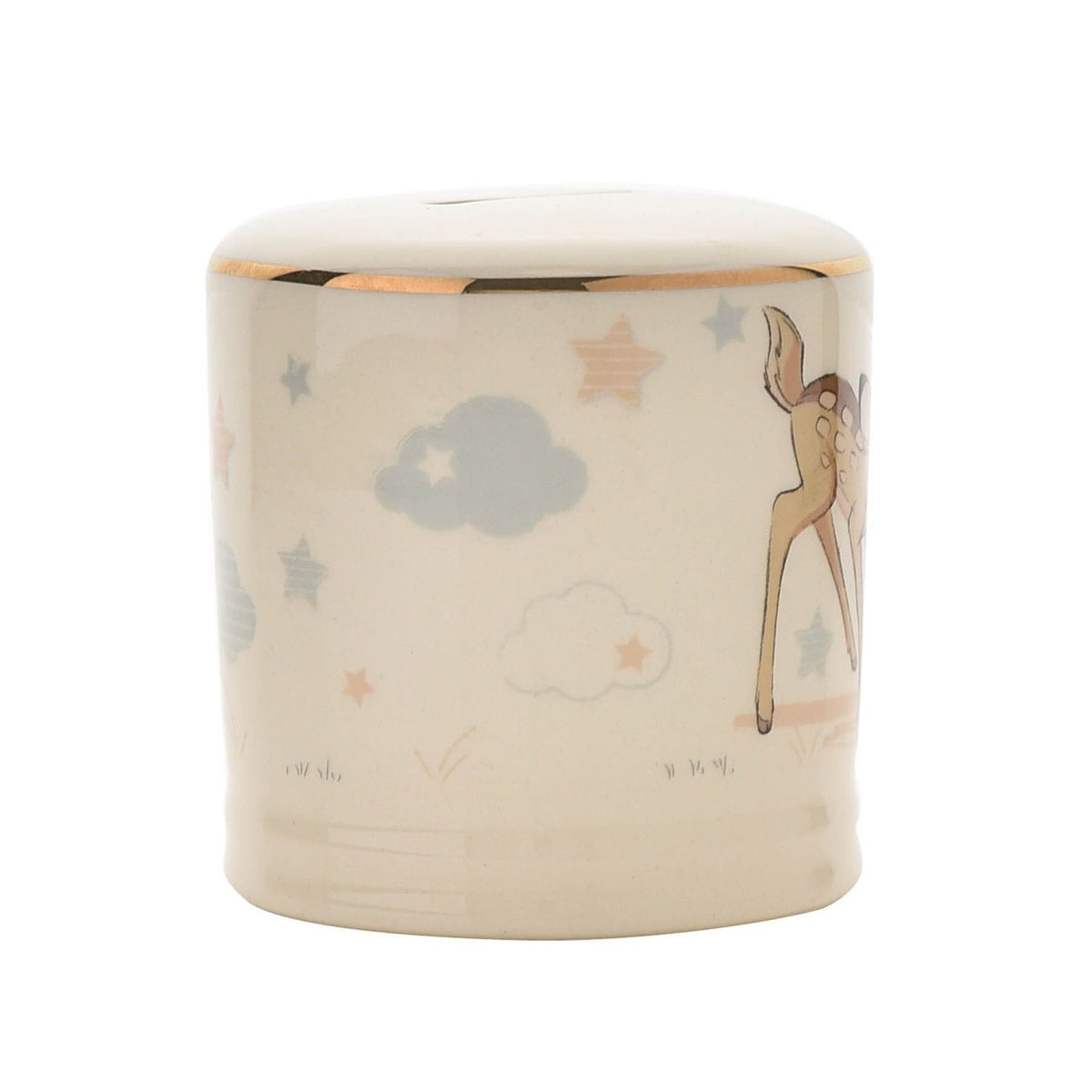 Bambi Round Gloss Ceramic Money Box with Gold Band - White