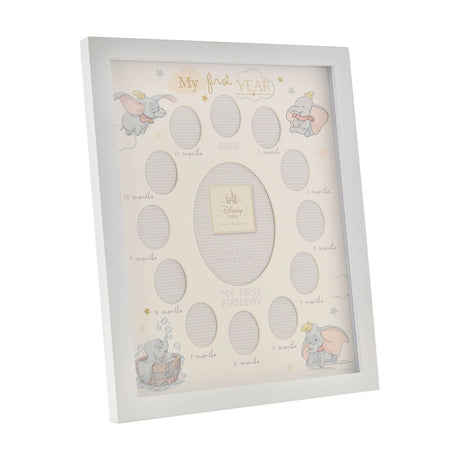 White Dumbo My First Year photo frame with cream mount, gold "My first YEAR" lettering, Dumbo illustrations, and oval apertures for BIRTH through 11 months around a central photo opening.