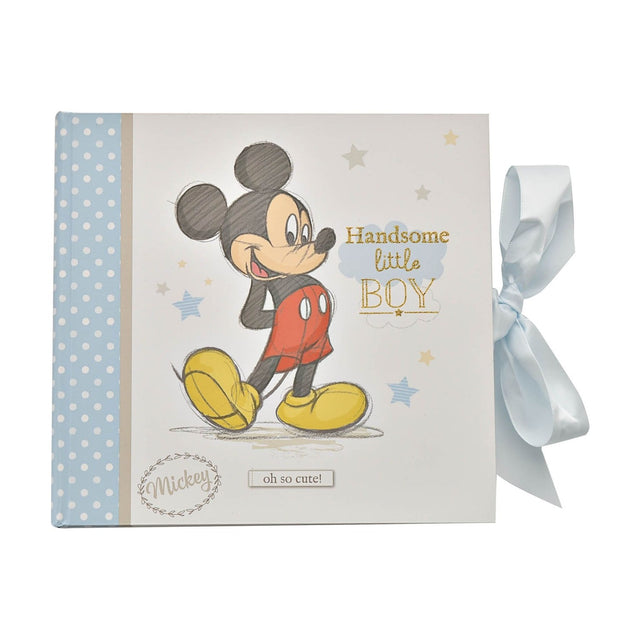 Mickey Mouse Handsome Little Boy photo album, 6 x 4in, with blue polka dot spine, cream cover featuring sketched Mickey, gold text and a pale blue ribbon tie, on a white background.