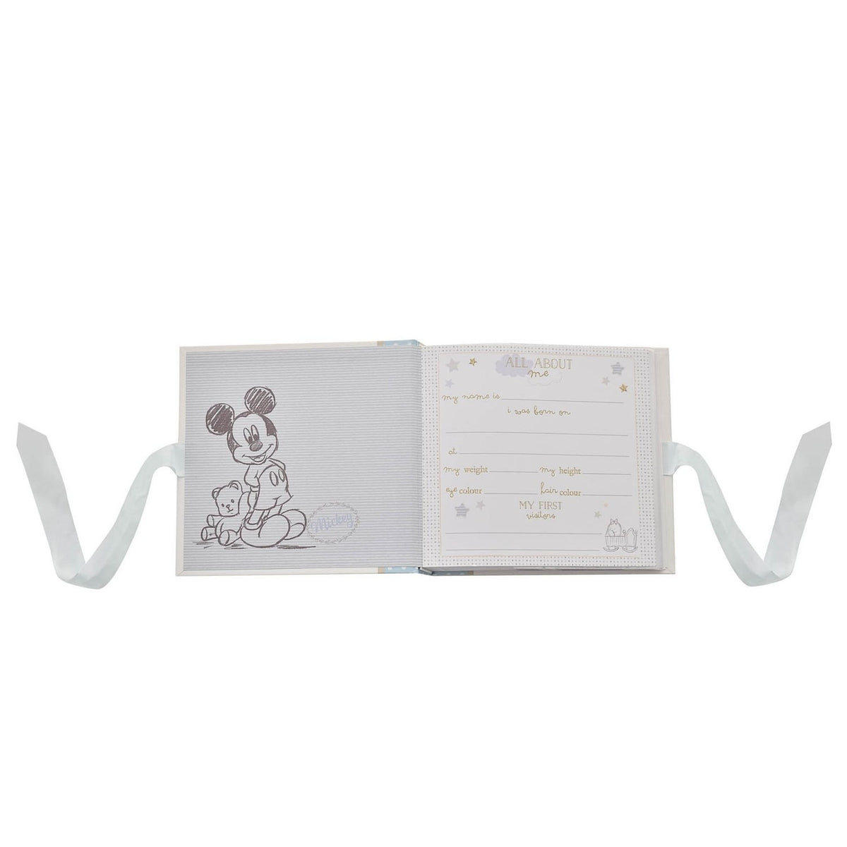 Open Mickey Mouse Handsome Little Boy photo album 6x4in in blue, showing a sketched Mickey page and an "All About Me" details page with ribbon ties, on a white background.