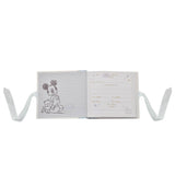 Open Mickey Mouse Handsome Little Boy photo album 6x4in in blue, showing a sketched Mickey page and an "All About Me" details page with ribbon ties, on a white background.