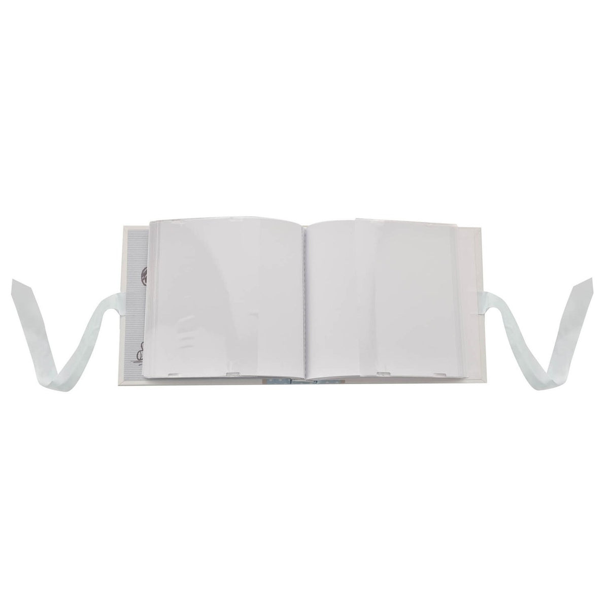 Mickey Mouse Handsome Little Boy Photo Album in blue, shown open with blank plastic-sleeved pages and light ribbon ties, set against a plain white background.