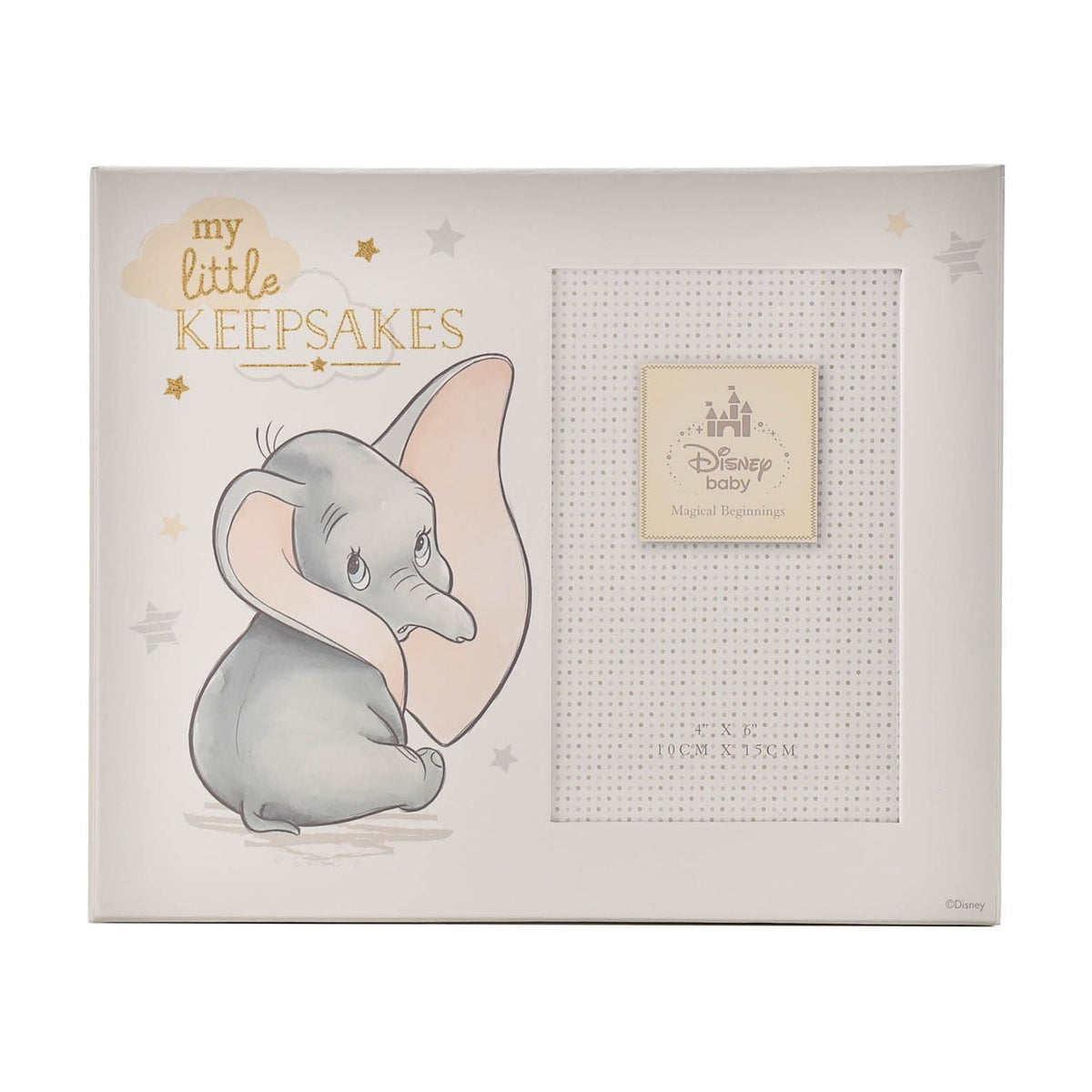 Grey rectangular Dumbo keepsake box with printed elephant design, gold "my little KEEPSAKES" lettering, and a 4x6 photo frame window on the lid.