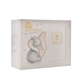 Grey rectangular Dumbo keepsake box with "my little KEEPSAKES" gold lettering, a printed Dumbo and stars, photo frame window, and fine dotted side pattern on a white background.