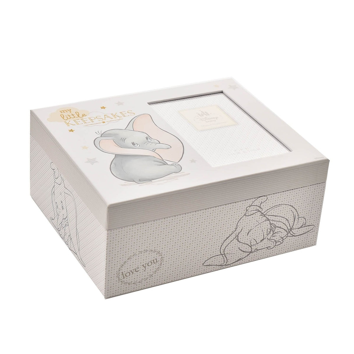 Grey rectangular Dumbo keepsake box with printed elephant and "my little KEEPSAKES" text on lid, photo frame window, dotted sides with line-art details, on a white background.