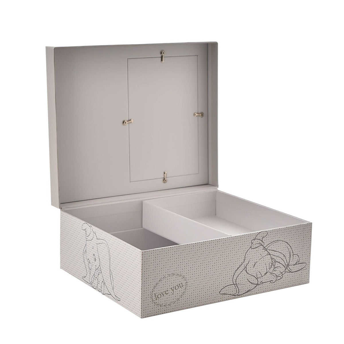 Open grey rectangular keepsake box with inner photo frame lid and divided interior, sides printed with line-drawn Dumbo and "love you" text on a plain white background.