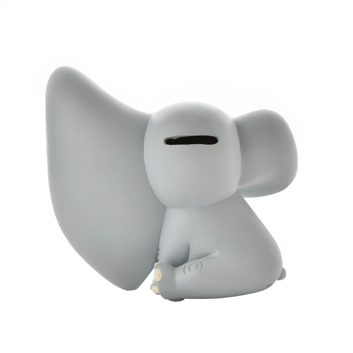 Sitting Dumbo Elephant resin money box in matt grey, shown from the side with one large ear swept forward and a coin slot on top of the head, against a plain white background.