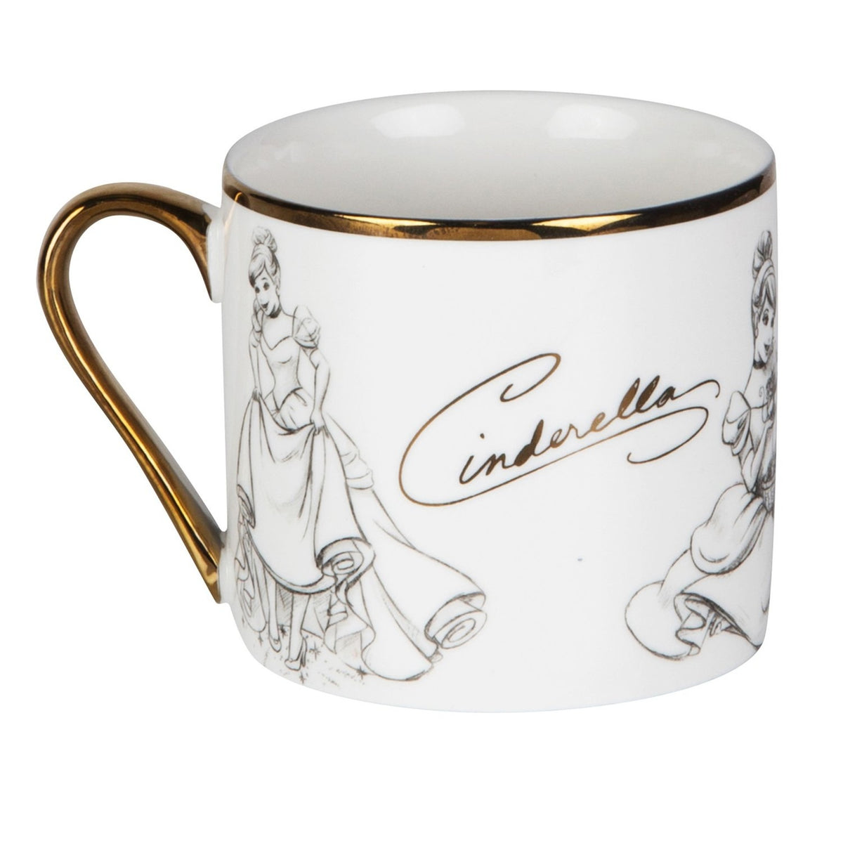 White porcelain Cinderella Sketch mug with gold rim and handle, featuring grey pencil-style sketches of Cinderella and her gown, with her name in gold script, on a plain background.