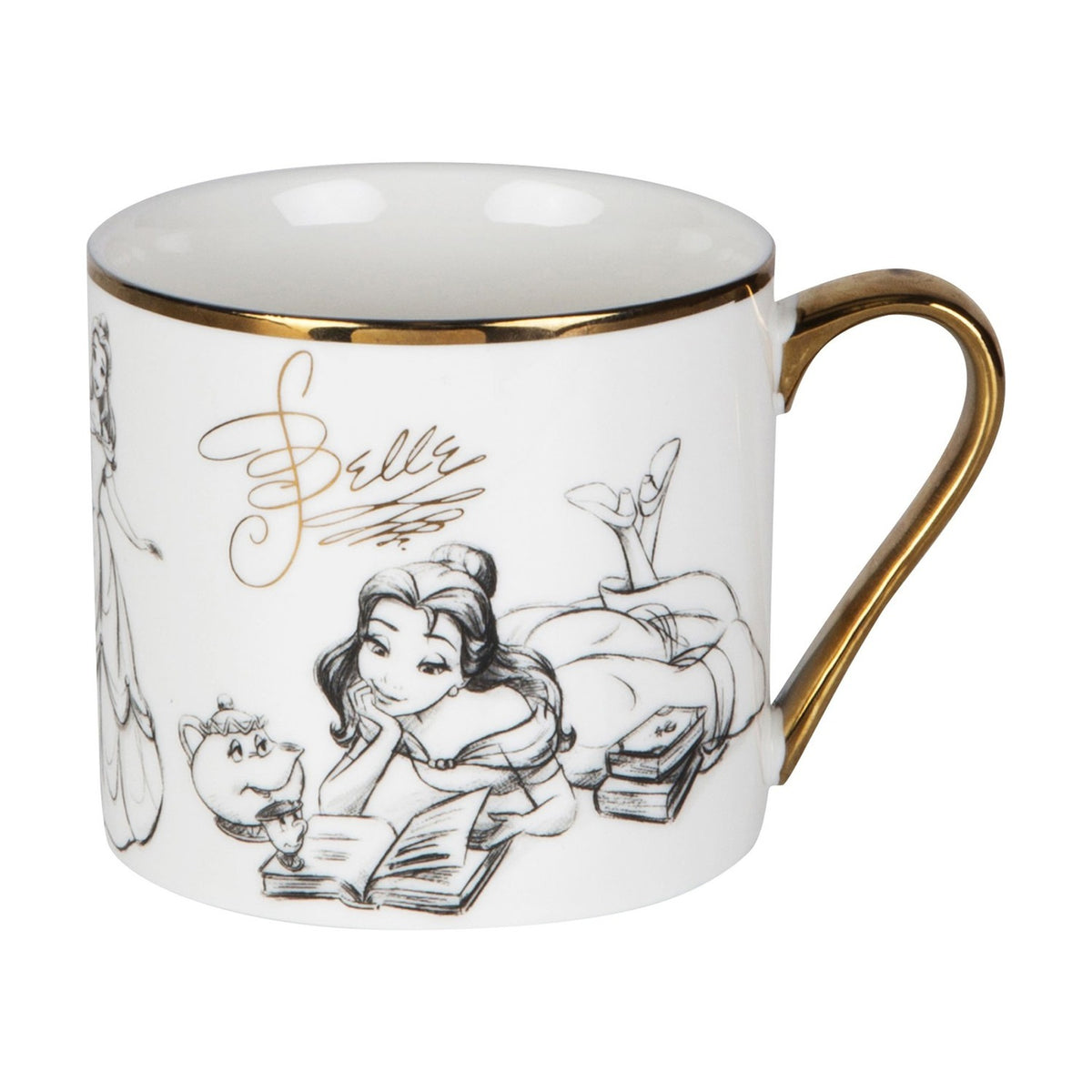 White porcelain mug with gold rim and handle, featuring pencil-style sketches of Belle reading a book beside Mrs Potts and Chip, shown on a plain white background.