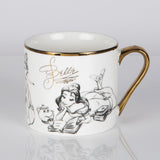 Belle Sketched Classic Collectable Porcelain Mug in white with gold rim and handle, pencil-style sketch of Belle reading beside Mrs Potts and Chip, on a plain background.