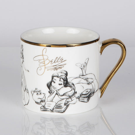 Belle Sketched Classic Collectable Porcelain Mug in white with gold rim and handle, pencil-style sketch of Belle reading beside Mrs Potts and Chip, on a plain background.