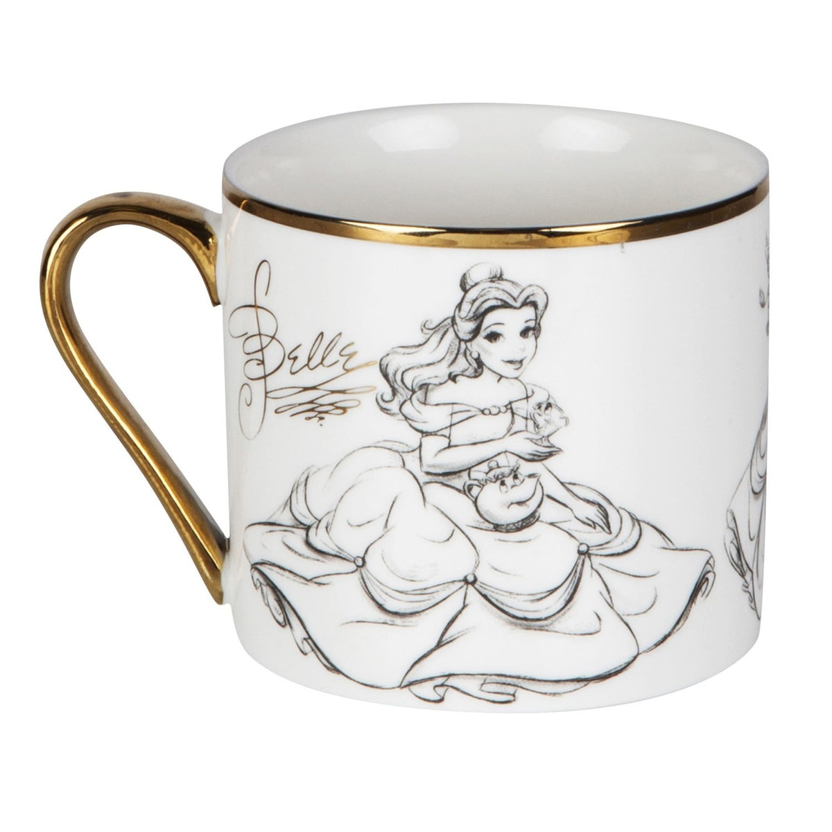 White porcelain mug with gold rim and handle, featuring a pencil-style sketch of Belle in her ball gown holding a teacup, on a plain background.