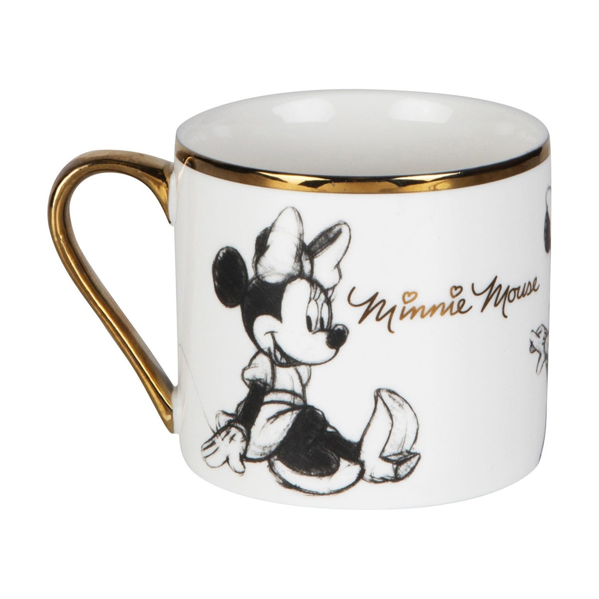 White gloss porcelain mug with gold rim and handle, featuring a sketch-style illustration of Minnie Mouse seated and "Minnie Mouse" in gold script, on a plain white background.