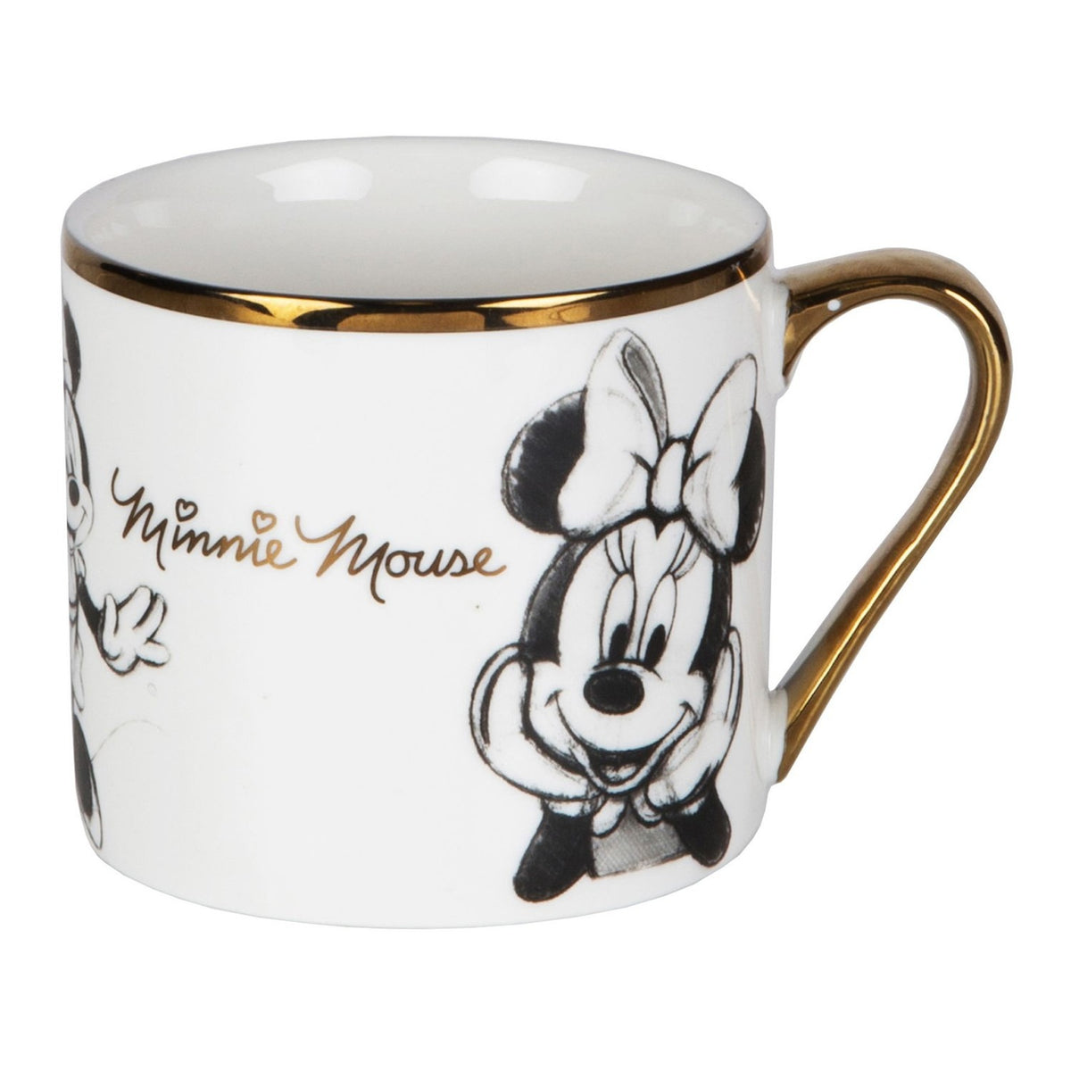 White gloss porcelain mug with gold rim and handle, featuring two pencil-sketch Minnie Mouse illustrations and gold "Minnie Mouse" script, shown on a plain white background.