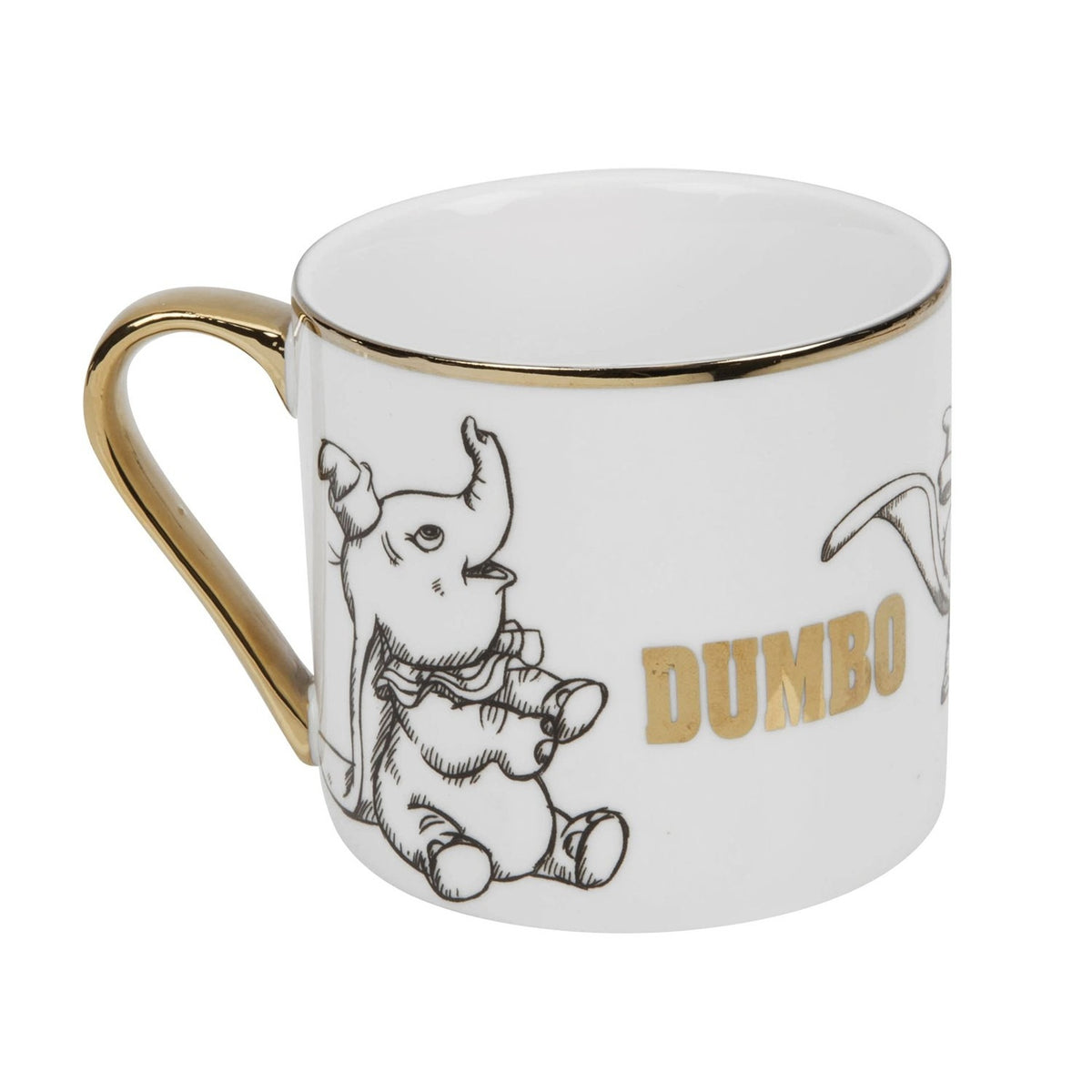 White porcelain Dumbo mug with gold handle and rim, featuring black sketched elephant illustrations and "DUMBO" in gold lettering, shown on a plain white background.