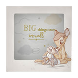 Square white money box featuring raised Bambi and rabbit cut-outs, with grey cloud and star print, gold glitter "BIG things start small" text, and a "love you" leafy ring detail.