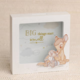 Square white money box with coin slot, featuring a raised cut-out of Bambi and a rabbit, pale grey cloud print, and "BIG things start small" in gold glitter text.