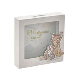 Square white money box with coin slot, featuring raised cut-out Bambi and rabbit figures against a pale grey cloud and star print reading "BIG things start small".