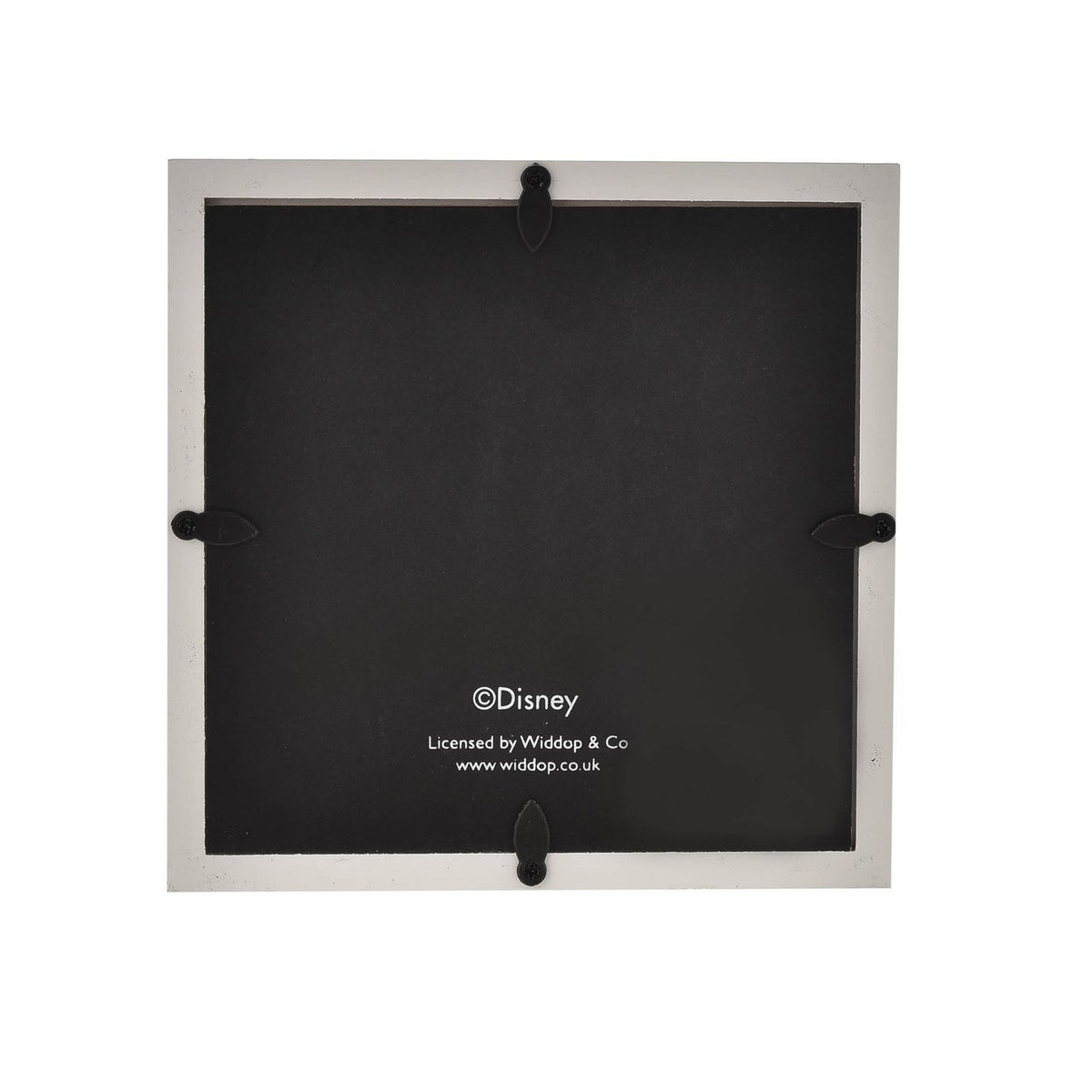 Rear view of the Bambi and Rabbit Square Money Box showing a white wooden frame, black backing panel, coin slot, and corner fixings with ©Disney licensing text.