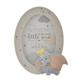 Light grey oval resin photo frame, 6 x 4in, with gold and white stars, a hand-painted Dumbo figure, and Welcome to the World Little One text, shown on a white background.