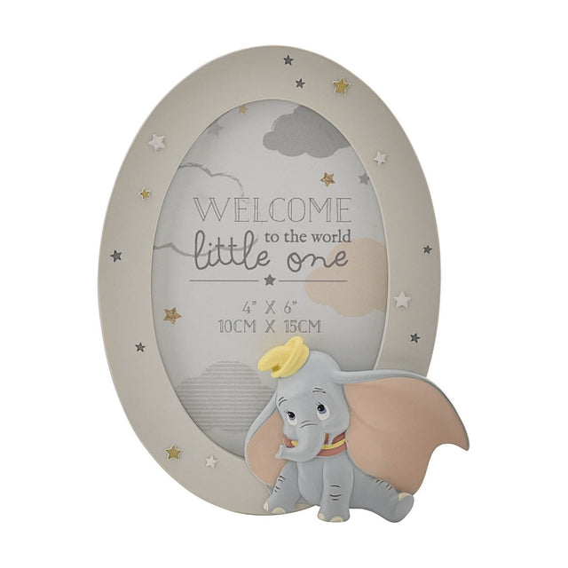 Light grey oval resin photo frame, 6 x 4in, with gold and white stars, a hand-painted Dumbo figure, and Welcome to the World Little One text, shown on a white background.