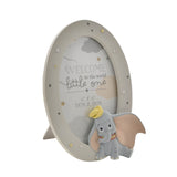 Oval grey resin photo frame for 6x4in photos, scattered with gold, white and grey stars, with a hand-painted Dumbo figure seated at the lower right, set on a plain white background.