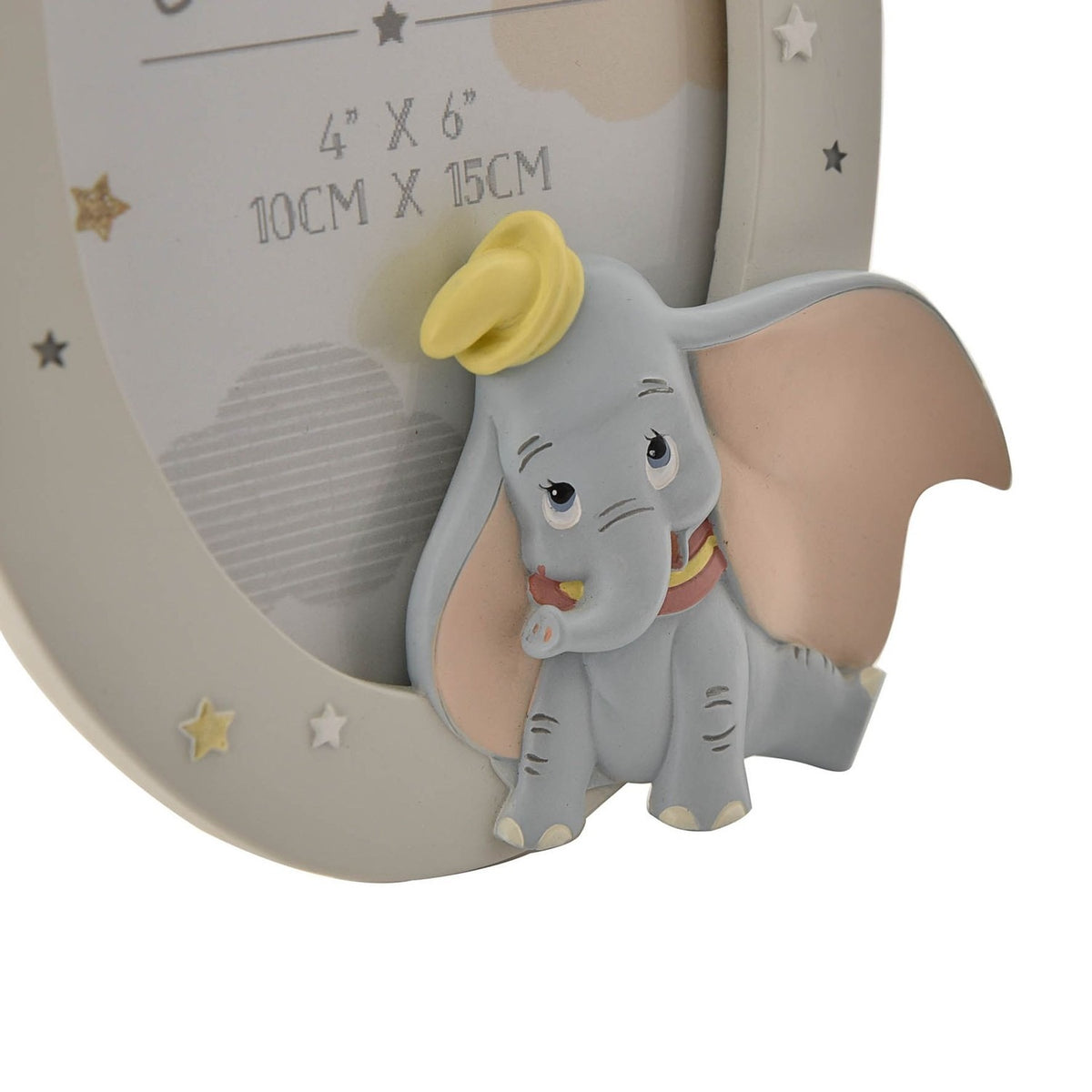 Grey Dumbo Oval Resin Photo Frame with hand-painted elephant in pink ears and yellow hat, star details, and 6 x 4in aperture marking.