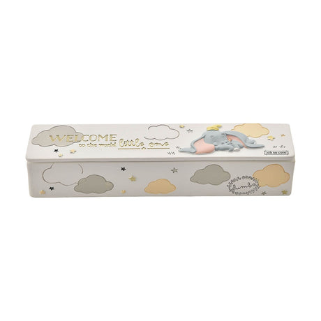 White rectangular Dumbo keepsake box with sleeping elephant in relief on the lid, Welcome to the world little one in gold lettering, and grey and yellow clouds with stars.