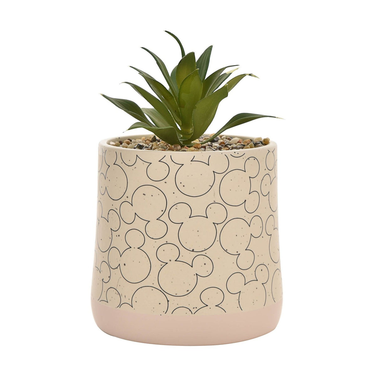 Beige ceramic planter with overlapping Mickey Mouse head outlines, a pink base band, and a faux succulent on pebble topdressing, shown on a white background.