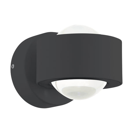 Dilvelle LED Outdoor Wall Light in anthracite, round-plate cylindrical aluminium body with clear glass lenses for up-and-down light, shown on a plain white background.