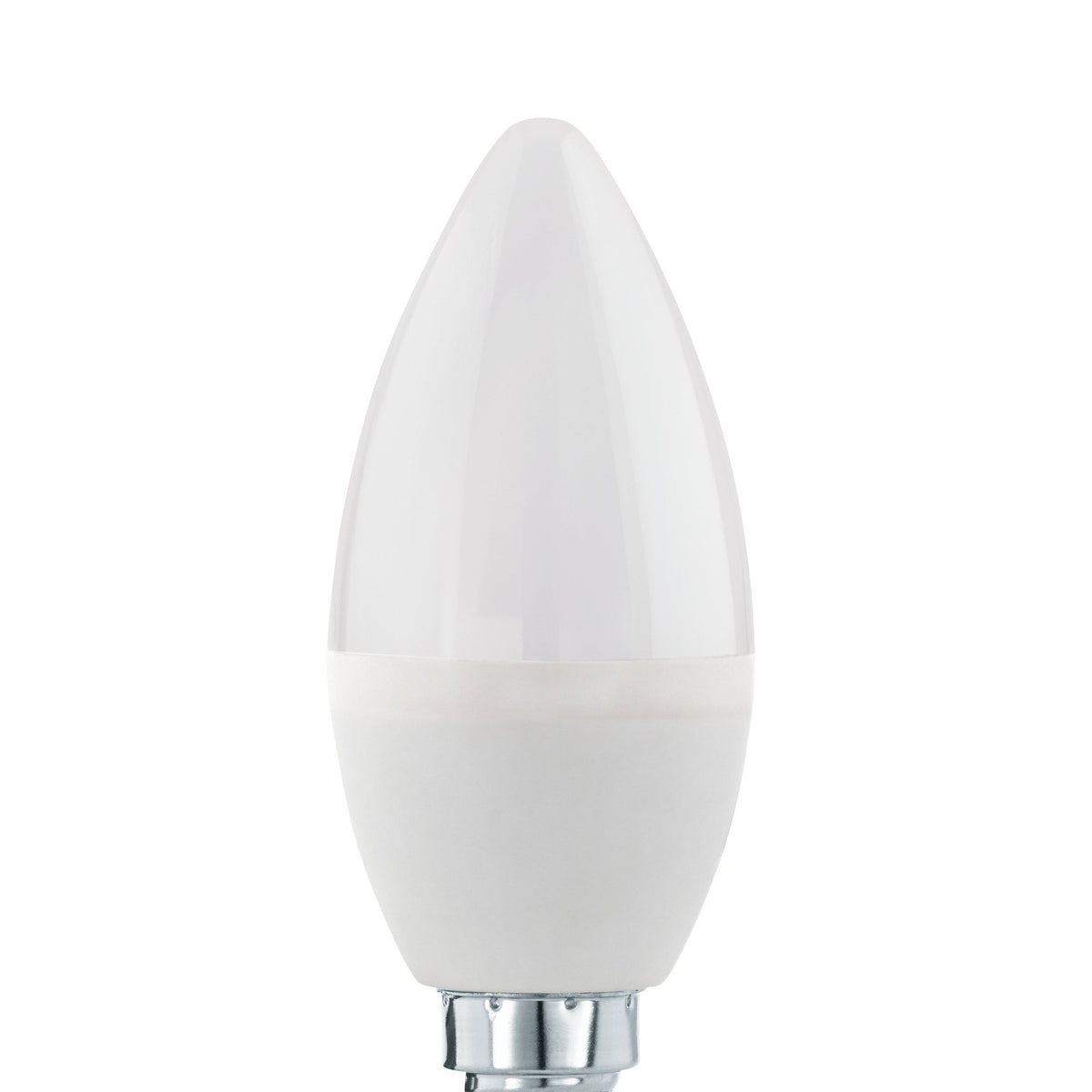 Dimmable LED candle bulb with opal plastic shade and E14 screw cap, shown upright on a plain white background.