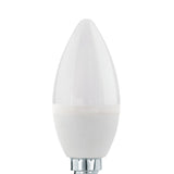 Dimmable LED candle bulb with opal plastic shade and E14 screw cap, shown upright on a plain white background.