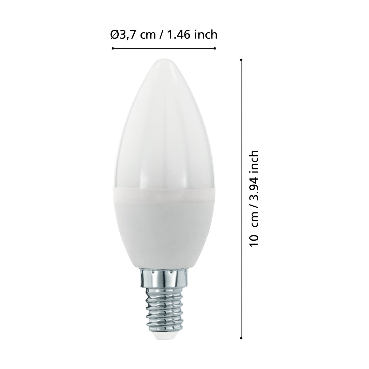 Dimmable LED candle bulb with opal plastic shade and E14 screw cap, shown with dimension labels Ø3.7cm / 10cm on a white background.