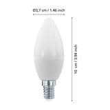 Dimmable LED candle bulb with opal plastic shade and E14 screw cap, shown with dimension labels Ø3.7cm / 10cm on a white background.