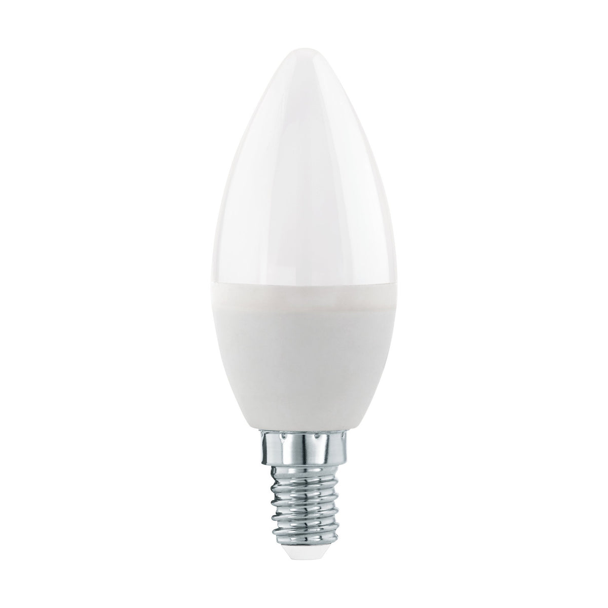Dimmable LED candle bulb with opal plastic shade and E14 screw cap, shown upright on a plain white background.