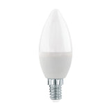 Dimmable LED candle bulb with opal plastic shade and E14 screw cap, shown upright on a plain white background.