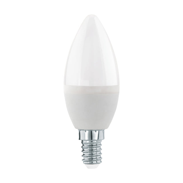 Dimmable LED candle bulb with opal plastic shade and E14 screw cap, shown upright on a plain white background.