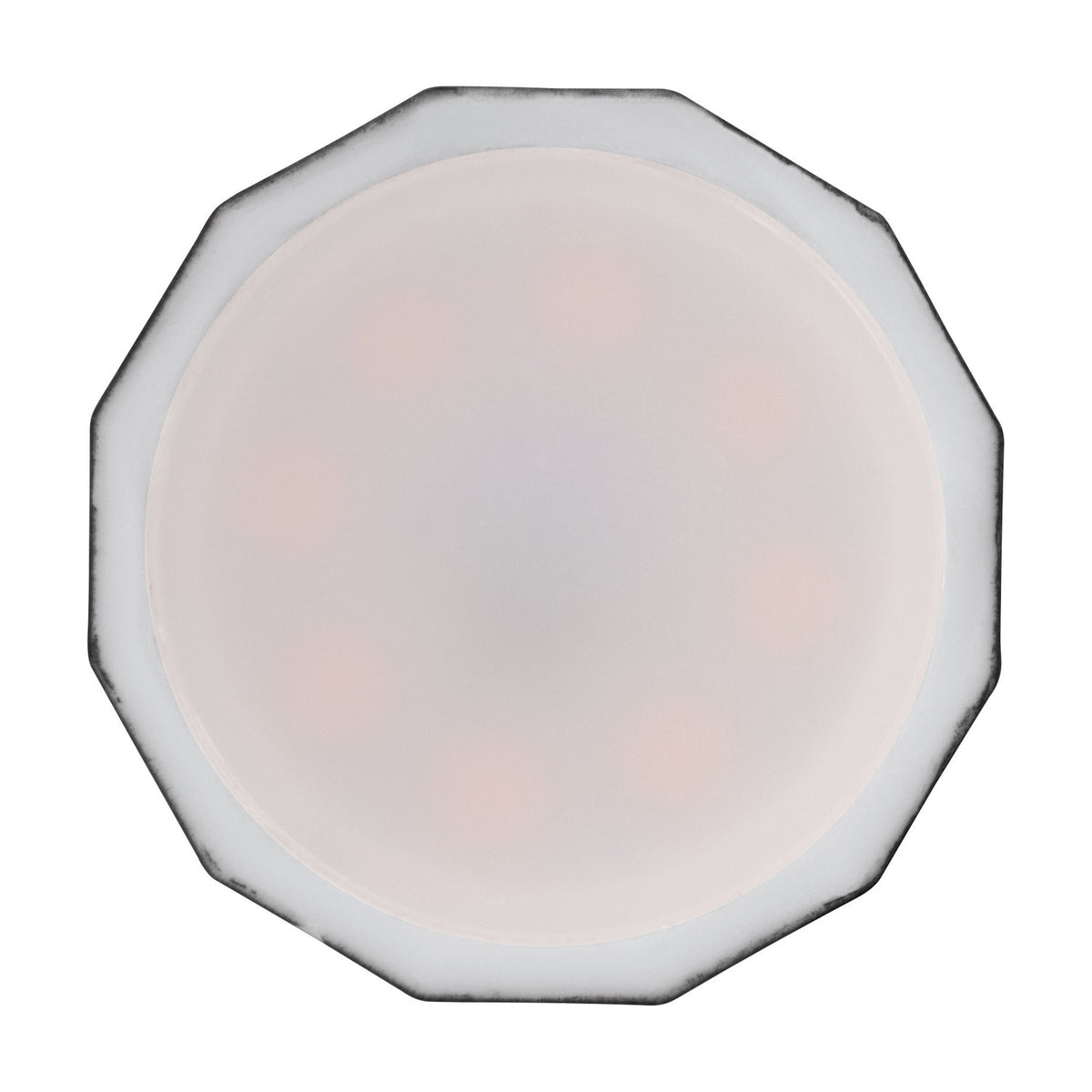 Top-down view of a dimmable LED bulb with faceted black trim and white glass diffuser face, E27 fitting, warm white 2200K, on a plain background.