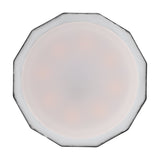 Top-down view of a dimmable LED bulb with faceted black trim and white glass diffuser face, E27 fitting, warm white 2200K, on a plain background.