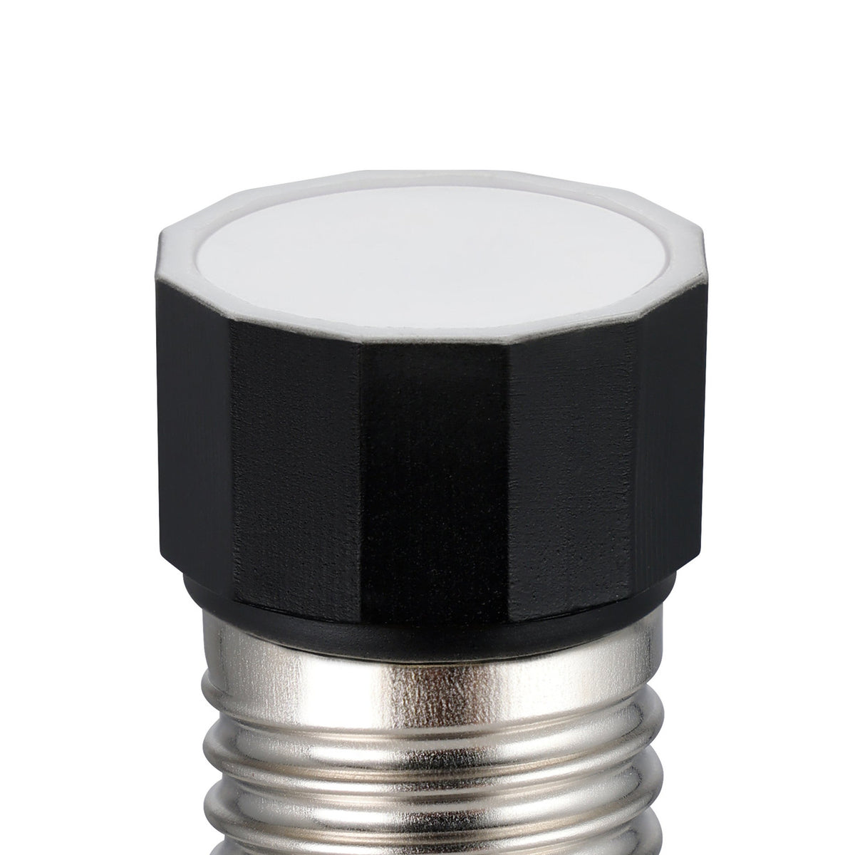 Close-up of a dimmable LED bulb with E27 screw cap, faceted black head and white glass diffuser face, shown against a plain white background.