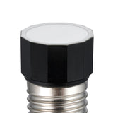 Close-up of a dimmable LED bulb with E27 screw cap, faceted black head and white glass diffuser face, shown against a plain white background.