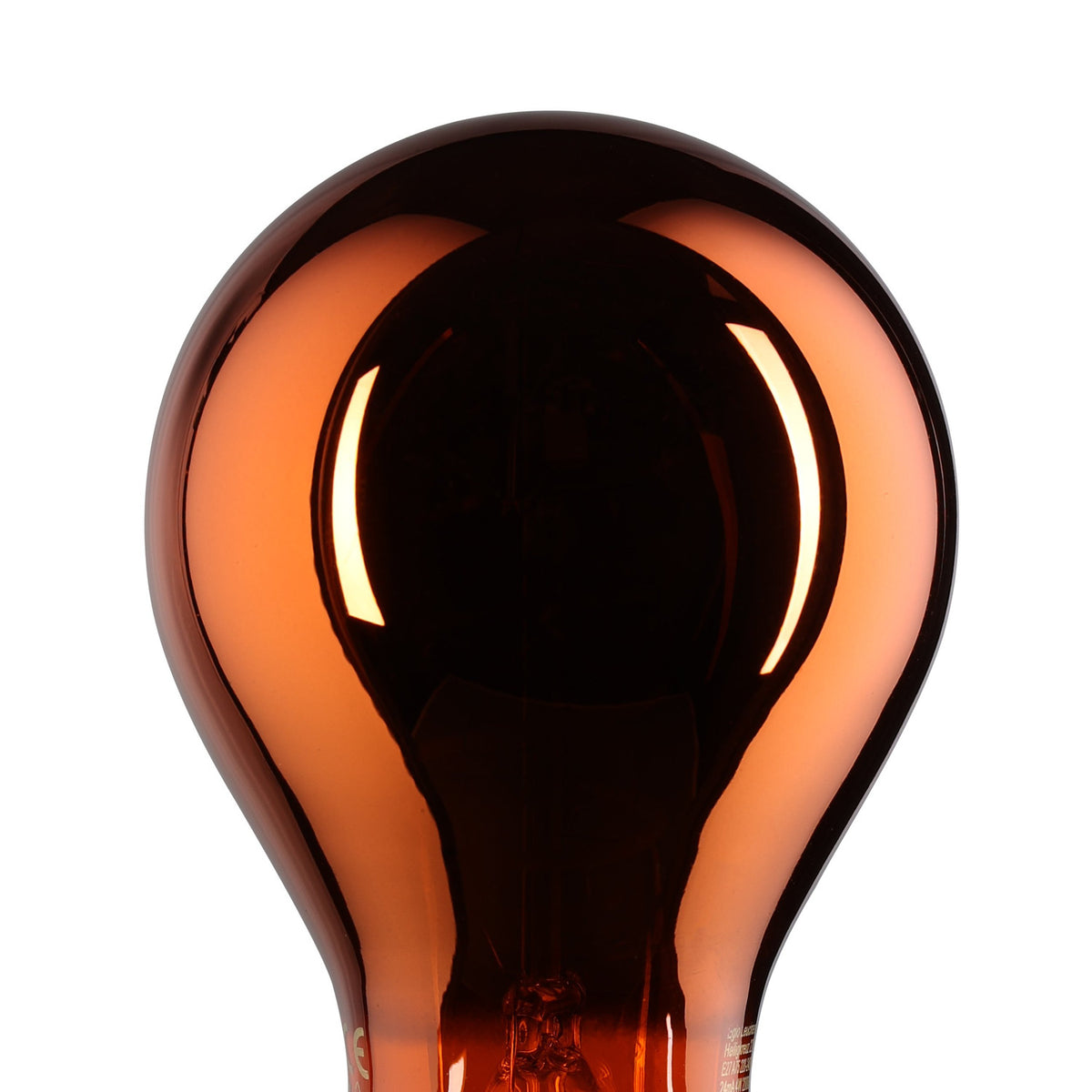 Close-up of a dimmable LED filament bulb, E27 fitting, copper-toned glass A-shape with visible spiral filament glowing warm white, on a plain white background.