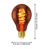 Dimmable LED filament bulb, E27, A-shape in copper-coloured glass with spiral filament, brass screw cap, shown with size dimensions 13cm x 7.5cm on a white background.