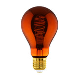 Dimmable LED filament bulb, E27, in classic A shape with copper-toned glass, visible spiral filament, and brass-coloured screw cap, shown on a plain white background.